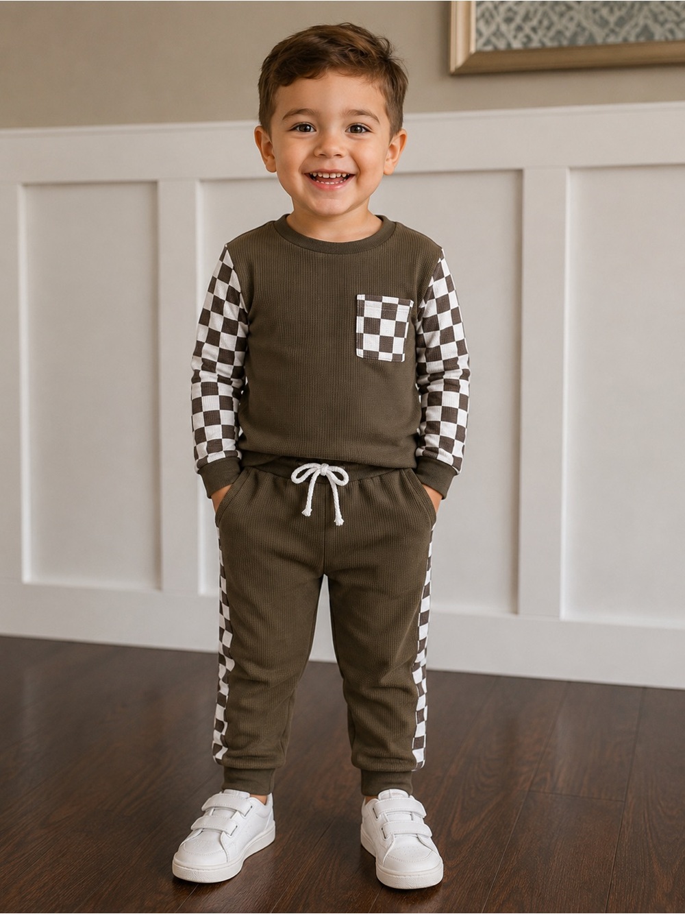 Brown and White Checkered Kids Outfit